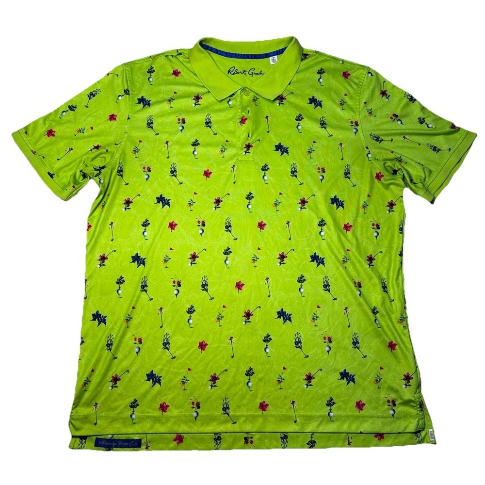 Robert Graham Polo Shirt 2XL Green Floral‎ Golf Performance Classic Fit